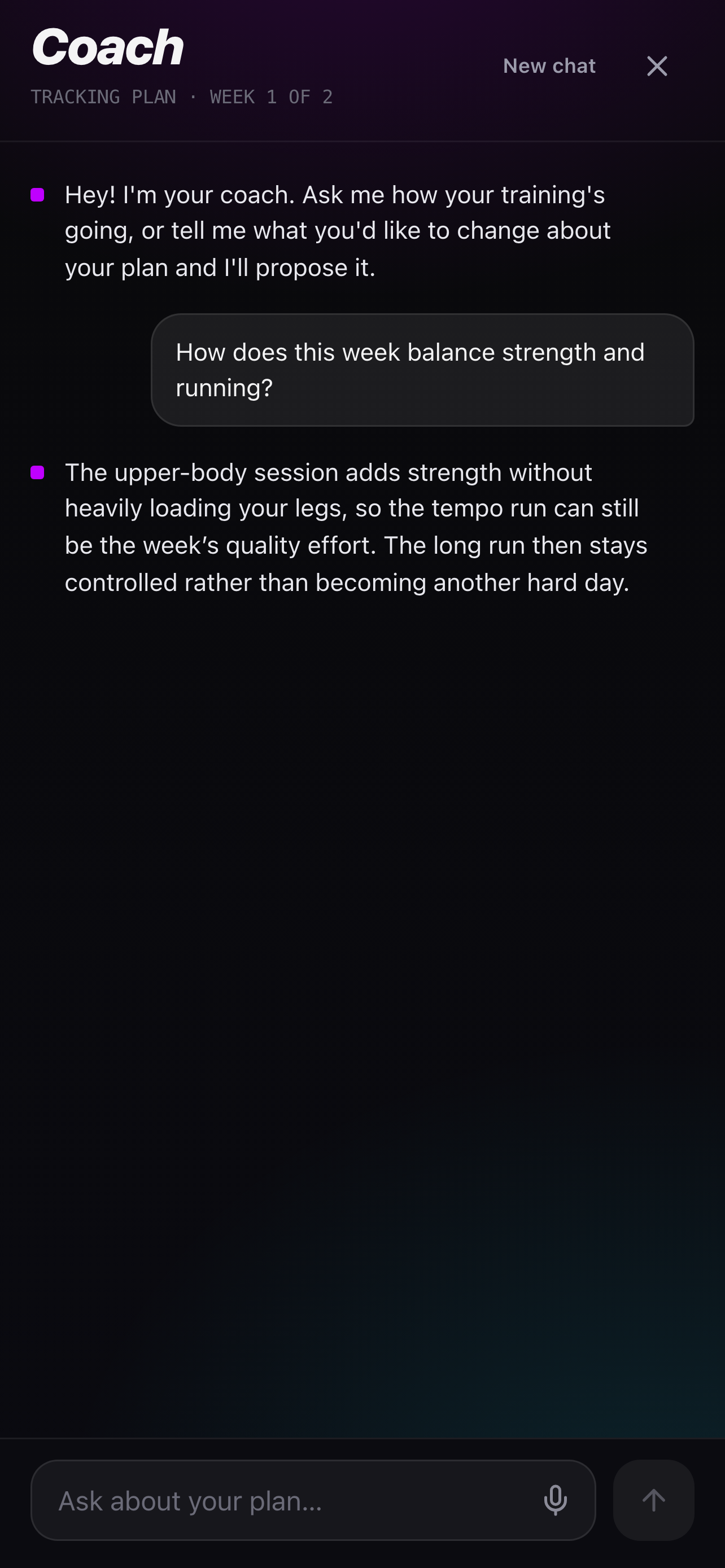 Coach conversation explaining how the week balances running and strength