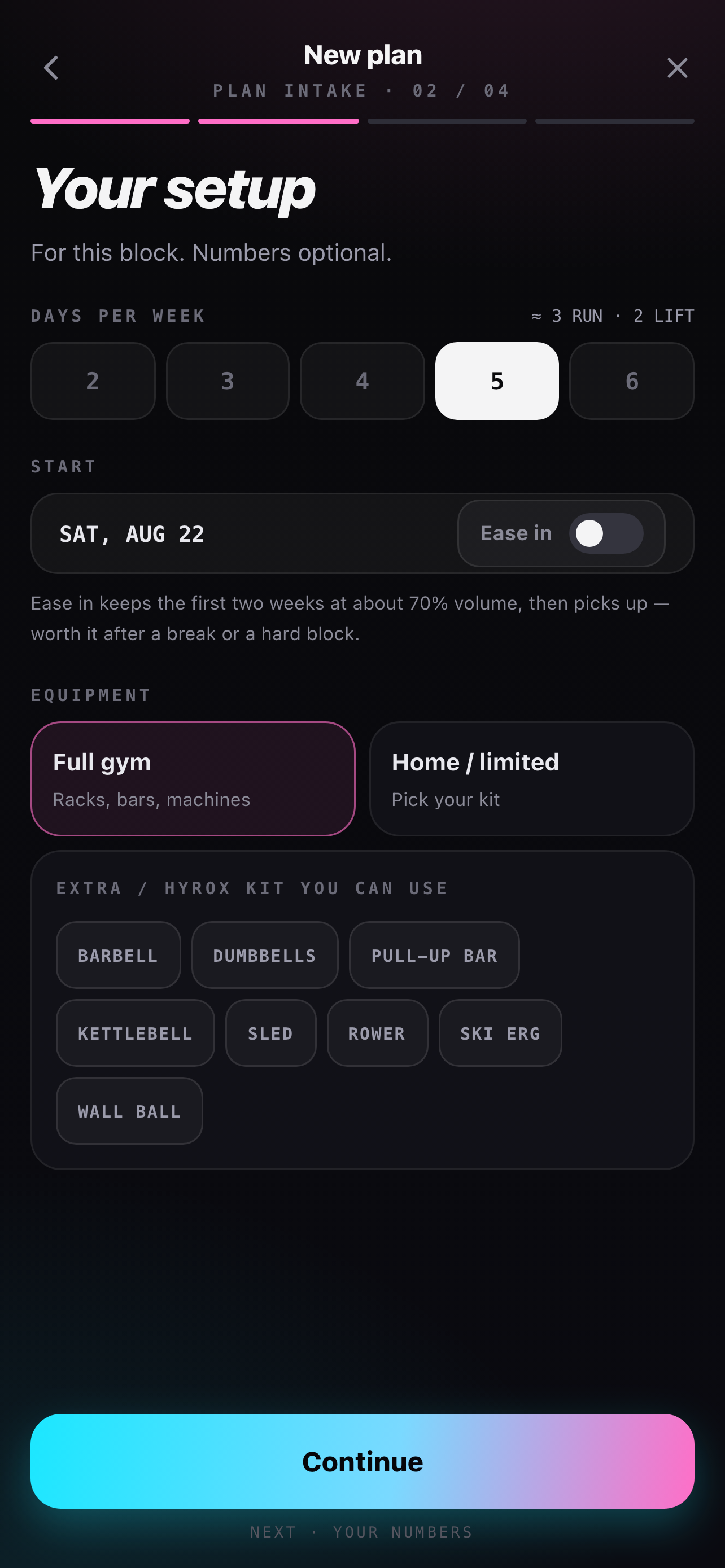 Plan setup using weekly availability and available equipment